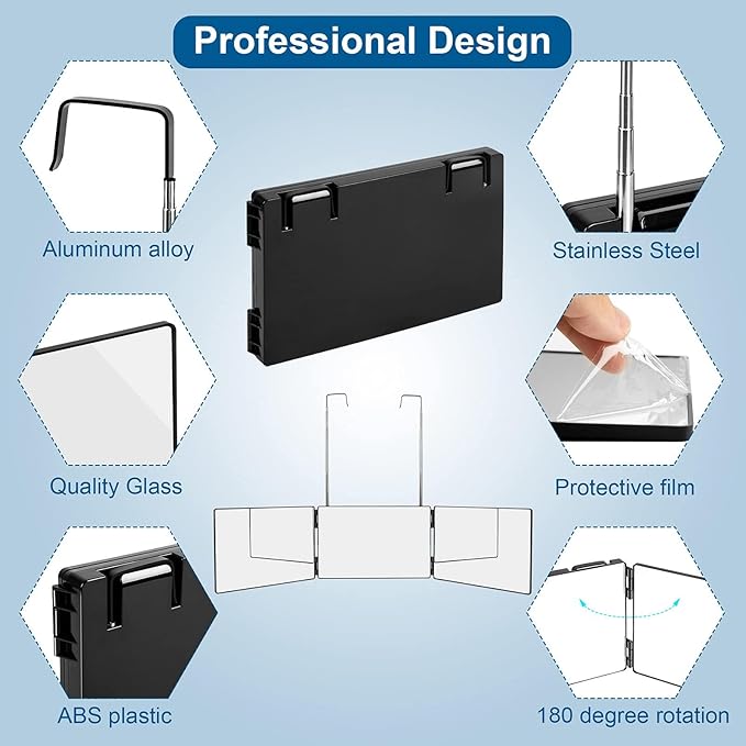 LMZNXCZ 3 Way Mirror for Self Hair Cutting,360 Haircuts Men for Barber Use Tools,to See Back of Head,Tri Fold Mirror with Portable Height Adjustable Telescoping Hooks (6.7" x 10.8")