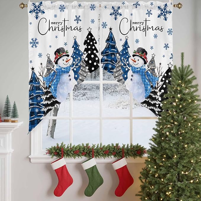 Prime Leader Merry Christmas Swag Valance Curains Snowflake Blue Xmas Tree Snowman Rod Pocket Kitchen Curtains Scalloped Window Treatment Valances Swag for Living Room Bedroom, 1 Pair, 28" W x 36" L