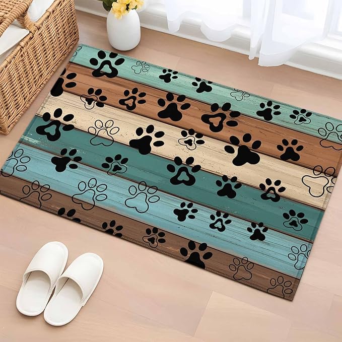 Area Rug 2x3ft, Farm Brown Wood Board Washable Rugs for Living Room Bedroom, Dog Paw Print Animal Footprint Soft Non-Slip Area Rugs Rectangle Floor Carpet for Dining Room
