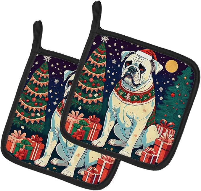 Caroline's Treasures White Boxer Christmas Pair of Pot Holders Kitchen Heat Resistant Pot Holders Sets Oven Hot Pads for Cooking Baking BBQ, 7 1/2 x 7 1/2