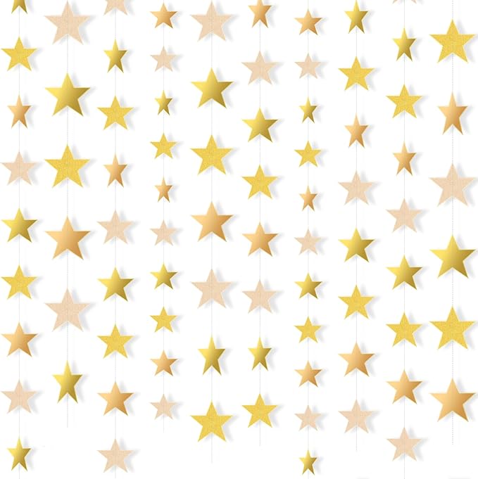 Patelai 130 Feet Glitter Star Garland Banner 2026 Party Decoration Double Side Star Hanging String Streamer Paper Twinkle for Graduation Wedding Birthday (Glitter Gold/Champagne Gold,Gold)
