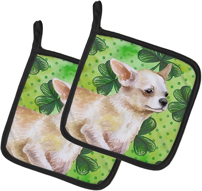 Caroline's Treasures BB9871PTHD Chihuahua Leg up St Patrick's Pair of Pot Holders, Green Kitchen Heat Resistant Pot Holders Sets Oven Hot Pads for Cooking Baking BBQ, 7 1/2 x 7 1/2