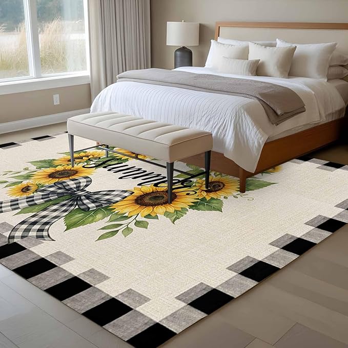 Area Rug 6x9ft, Summer Words Farm Sunflowers Washable Rugs for Living Room Bedroom, Butterflies Country Floral Soft Non-Slip Area Rugs Rectangle Floor Carpet for Dining Room