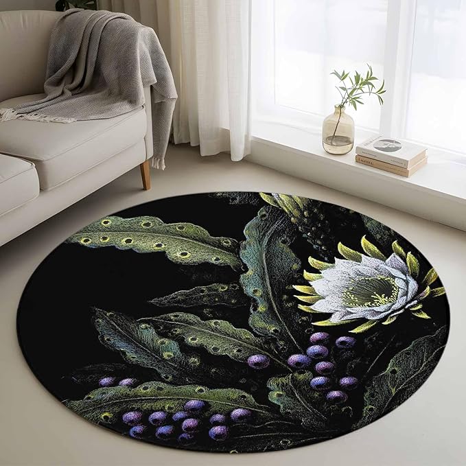 Washable Round Area Rug Watercolor Flower Berry Leaves Circle Rugs Floor Carpet for Living Room Bedroom, Botanical Plant Dark Style Soft Non Slip Round Rug 3ft