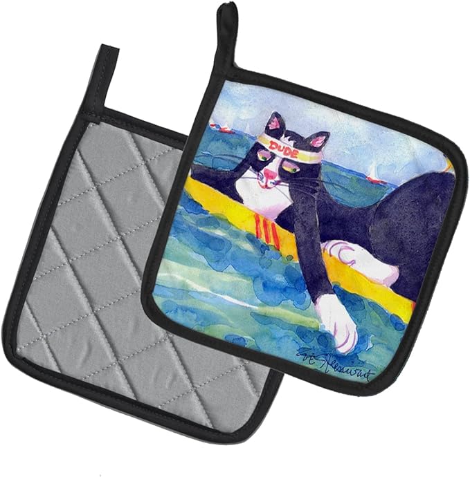 Caroline's Treasures 6051PTHD Black and White Cat Surfin Bird Pair of Pot Holders Kitchen Heat Resistant Pot Holders Sets Oven Hot Pads for Cooking Baking BBQ, 7 1/2 x 7 1/2