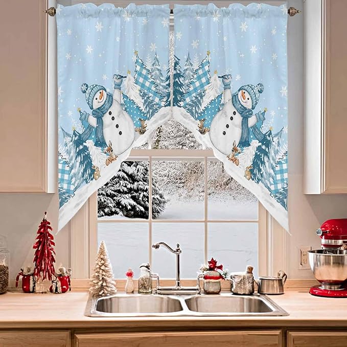 Christmas Snowman Swag Valance Curains Winter Xmas Tree Snowflakes Sky Blue Rod Pocket Kitchen Curtains Scalloped Window Treatment Valances Swag for Living Room Bedroom, 1 Pair, 36"W x 45"L