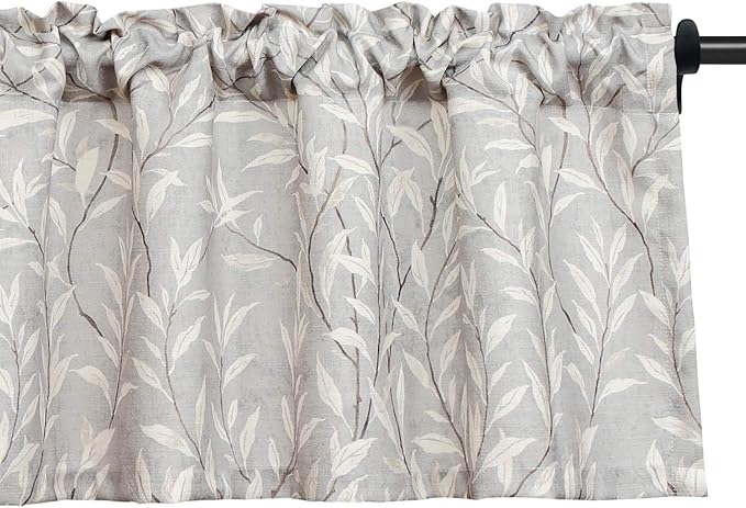 VOGOL Grey Valances for Windows, Lovely Leaf Print Window Treatment Rod Pocket Bathroom Valances for Small Windows, 52 x 12, One Panel