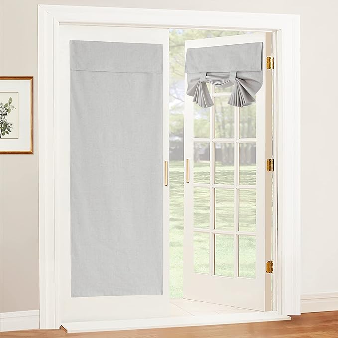 RYB HOME 100% Blackout Tricia Door Curtains, Linen Textured Blend Thermal Insulating Privacy French Door Window Tie Up Shades Living Room Curtains for Kitchen, W 30 x L 80 inches, Light Grey, 1 Panel