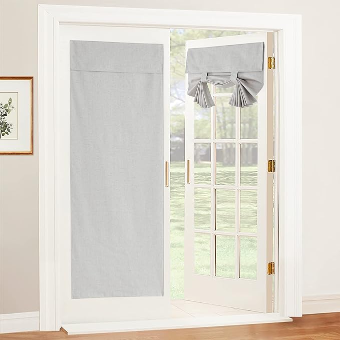 RYB HOME 100% Blackout Tricia Door Curtains, Linen Textured Blend Thermal Insulating Privacy French Door Window Tie Up Shades Living Room Curtains for Kitchen, W 34 x L 69 inches, Light Grey, 1 Panel