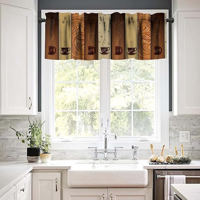 Coffee Valance Curtain, Vintage Brown Coffee Bean Swirl Cups Short Window Treatment for Cafe Kitchen Dining Room Resturant Bedroom Living Room, 54x18Inch