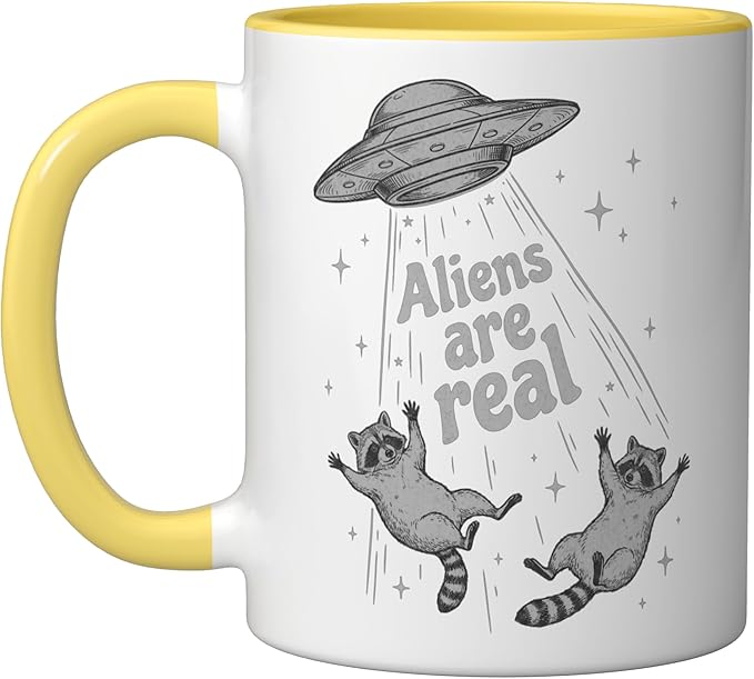Aliens Are Real UFO Raccoon Abduction Ironic Meme Ceramic Mug, Yellow/White