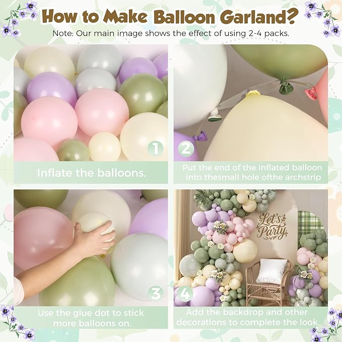 Pastel Balloon Arch Garland Kit 154pcs, Double Stuffed Light Green Sage Green Purple Yellow Macaron Pink Balloons Arch Kit for Wildflower Baby Shower Wedding Birthday Party Decorations