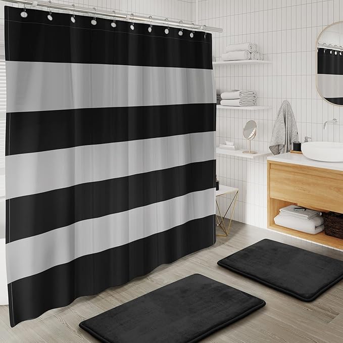 Clara Clark Bathroom Set - Black Bathroom Accessories Set, Bathroom Sets with Shower Curtain and Rugs, 23PC Shower Curtain Set with Liner, Soap Dispenser, Toilet Brush, & Trash Can