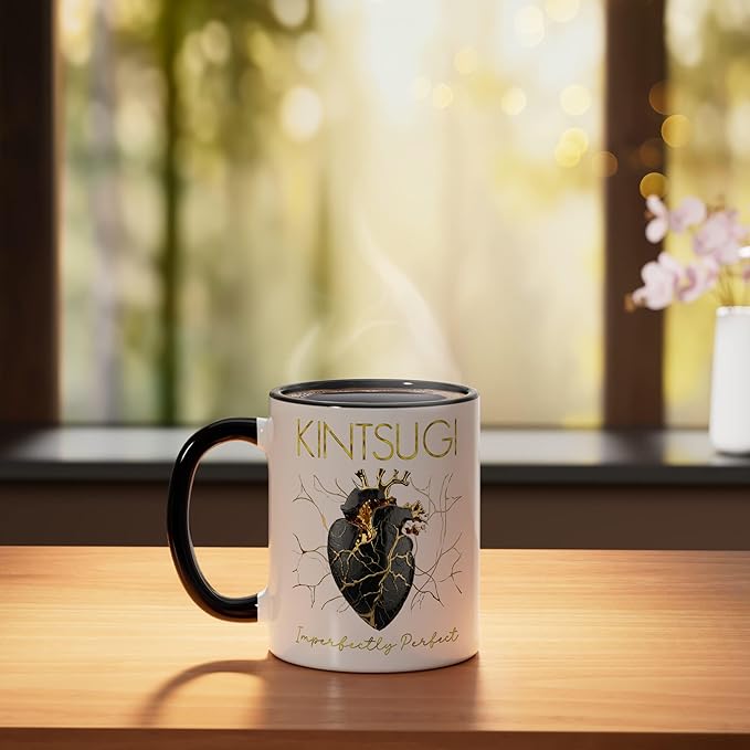 Kintsugi Pottery Golden Heart Japanese Art repair Pottery Ceramic Mug, Black/White