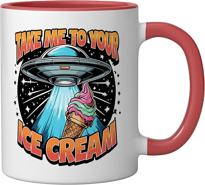 Take Me to Your Ice Creams UFO Abduction Funny Ice Cream Ceramic Mug, Red/White