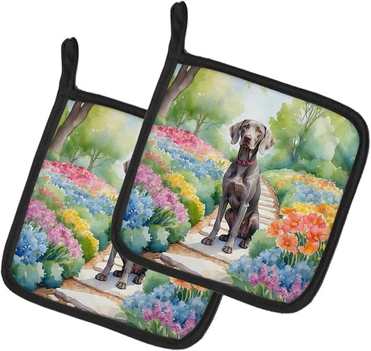 Caroline's Treasures Weimaraner Spring Path Pair of Pot Holders Kitchen Heat Resistant Pot Holders Sets Oven Hot Pads for Cooking Baking BBQ, 7 1/2 x 7 1/2