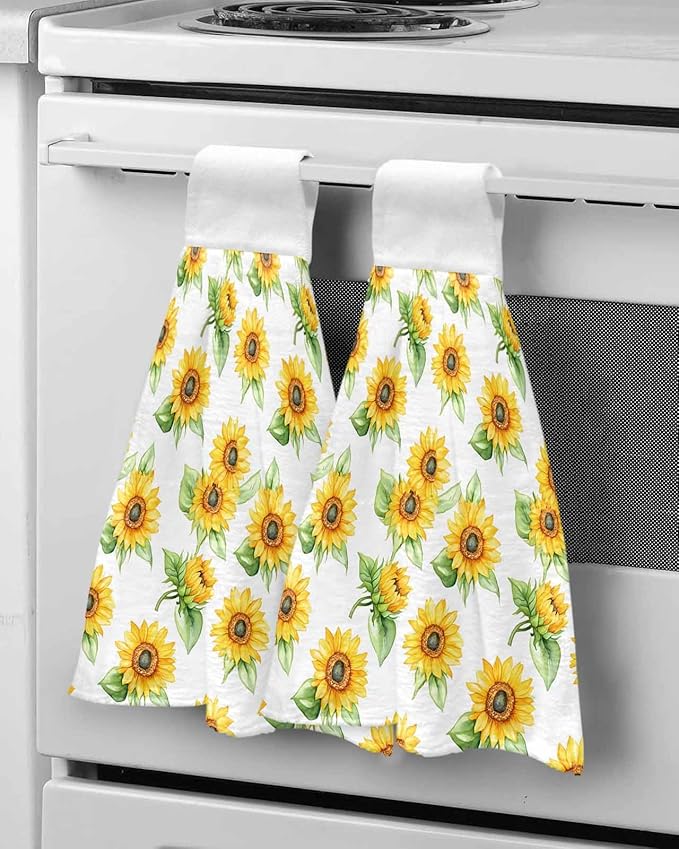 Alandar Home Kitchen Tie Towel Set of 2, Yellow Sunflower Farm Green Plant Absorbent Soft Hand Towels for Bathroom Hanging Towels, Summer Blossom Floral Fast Drying Cleaning Cloth with Loop