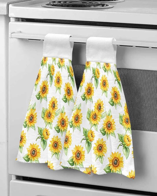 Alandar Home Kitchen Tie Towel Set of 2, Yellow Sunflower Farm Green Plant Absorbent Soft Hand Towels for Bathroom Hanging Towels, Summer Blossom Floral Fast Drying Cleaning Cloth with Loop