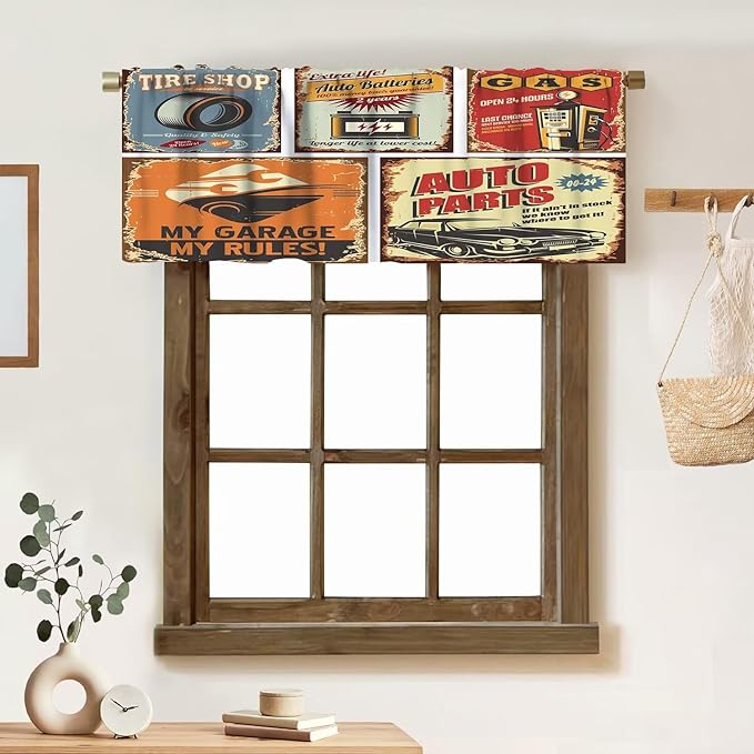 1950s Valance Curtain Vintage Car Metal Signs Automobile Advertising Repair Vehicle Garage Servicing Windows Curtain Valance for Kitchen Bedroom Bathroom Decor with Rod Pocket, 1 Panel 54X18 Inches