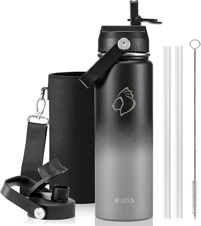 BUZIO 24 oz Water Bottle Insulated, Leakproof Stainless Steel Flask (Cold for 48 Hrs), Wide Mouth BPA-Free Metal Thermo Hydro Canteen with 2 Lids, Shadow