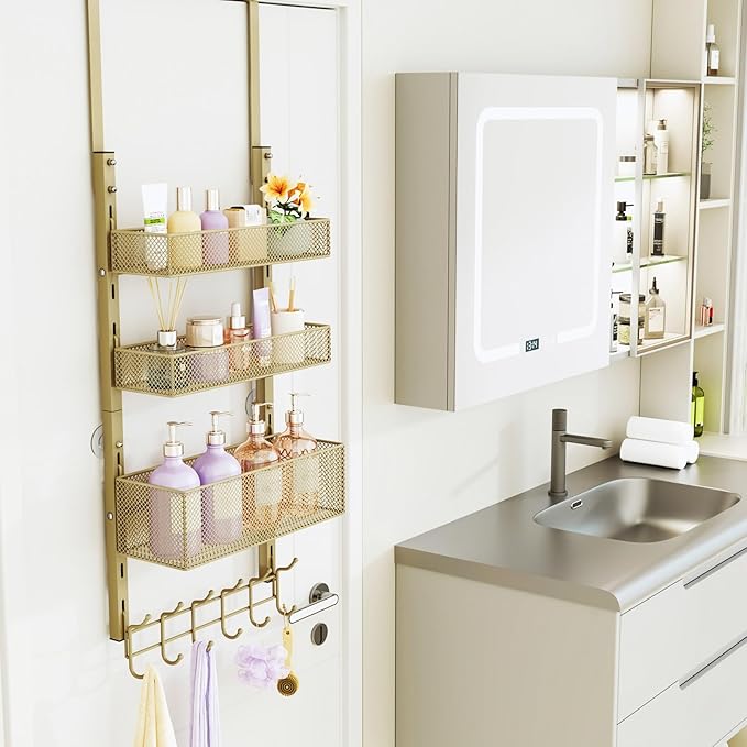 Consumest Over The Door Hooks Organizer - 4 Tier Door Coat Rack with 3 Baskets and 12 Hooks, Stainless Steel Towel Hanger for Bedroom, Bathroom, Living Room, Gold