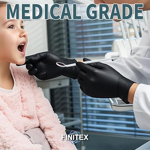 FINITEX - Black Nitrile Disposable Gloves, 5mil, Powder-free, Medical Exam Latex-Free 100 PCS For Examination Home Cleaning Food Glove (Small)