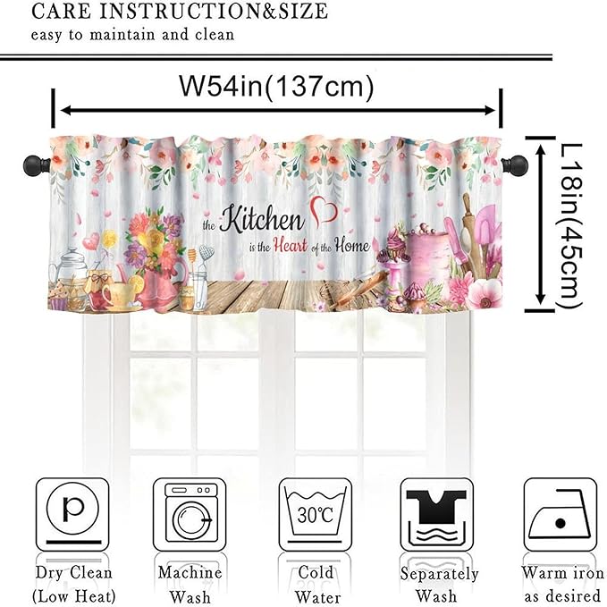 Floral Kitchen Valance Curtain, Watercolor Pink Flower Dessert Baking Tools Farmhouse Short Window Treatment for Dining Room Cafe Resturant Afternoon Tea Bedroom Home Decor, 54x18Inch
