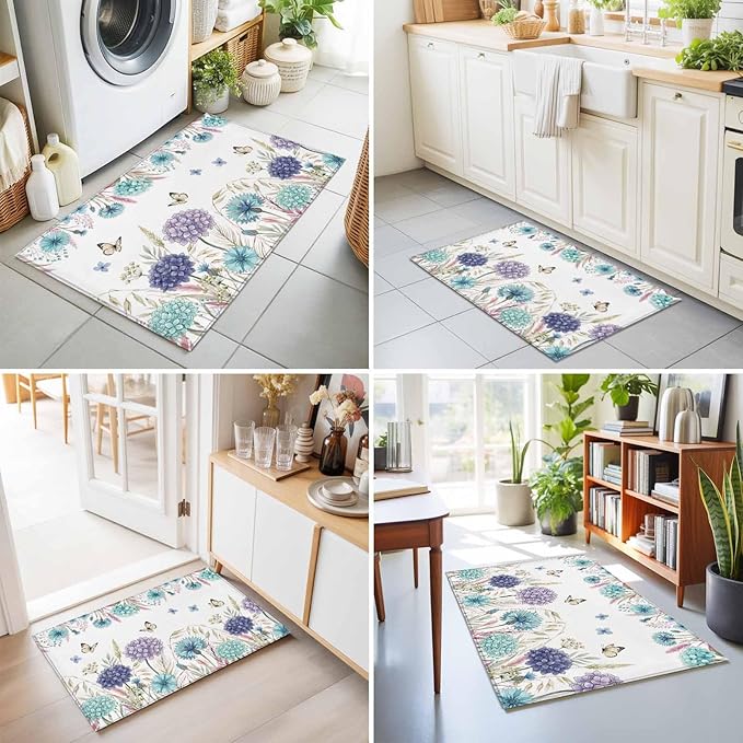 Area Rug 2x3ft, Spring Flower Thistle Hydrangea Washable Rugs for Living Room Bedroom, Wild Garden Floral Butterfly Soft Non-Slip Area Rugs Rectangle Floor Carpet for Dining Room