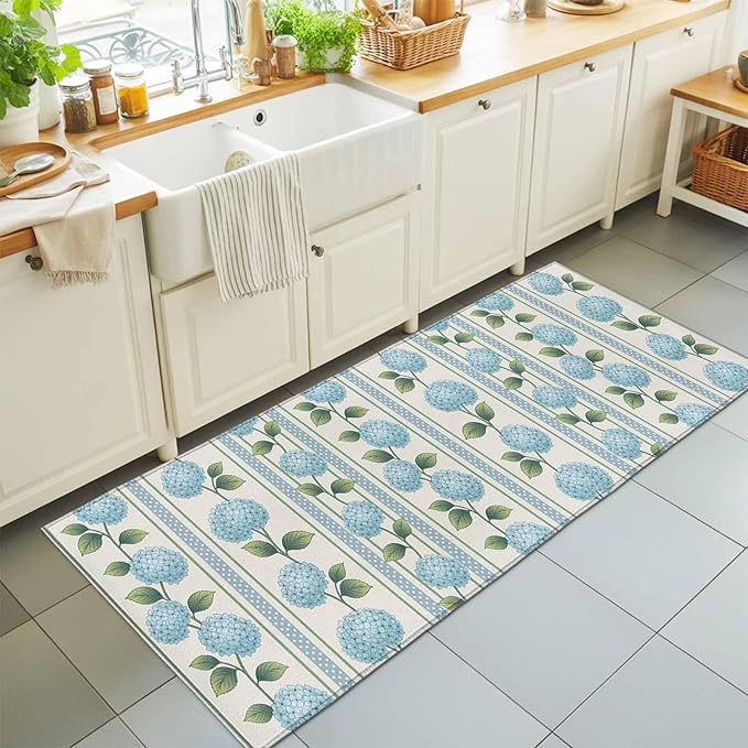 Runner Rug for Bedroom Hallway, Spring Blue Flower Hydrangea Leaf Kitchen Runner Rugs Area Rug 2x6ft, Floral Stripes on Linen Washable Soft Floor Carpet for Entryway Stair
