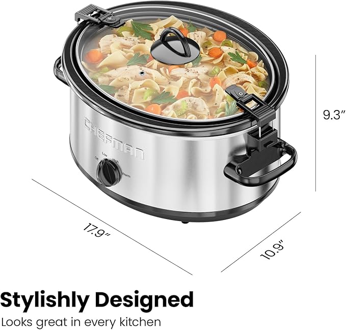 Chefman 6 Quart Slow Cooker with Locking Lid, Ceramic Crock with Portable Cook and Carry Travel Latching Lock, Large Easy Clean Dishwasher Safe Pot Insert, Manual 3 Heat Settings, Stainless Steel