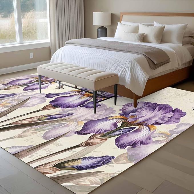 Area Rug 6x9ft, Pastoral Purple Flower Watercolor Washable Rugs for Living Room Bedroom, Country Botanical Butterflies Soft Non-Slip Area Rugs Rectangle Floor Carpet for Dining Room