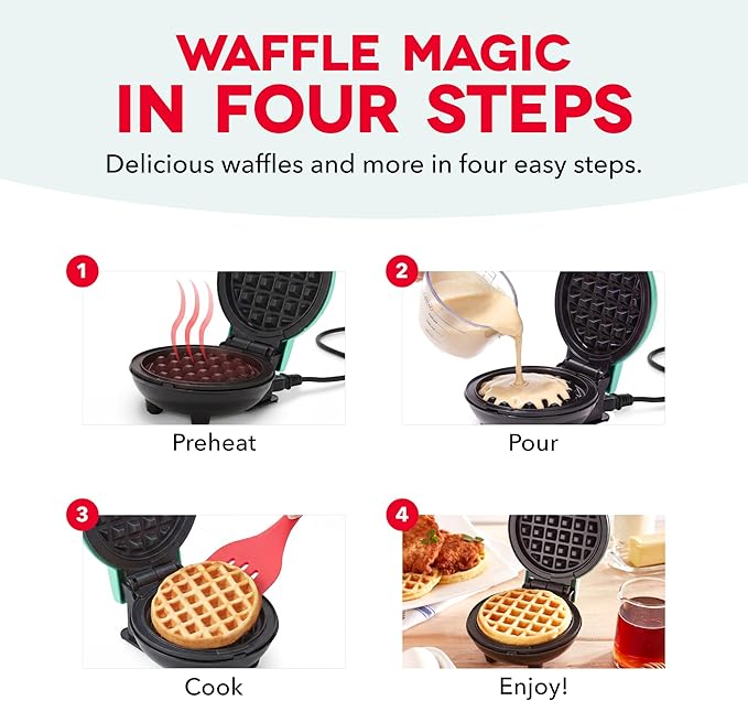 Dash Mini Waffle Maker- Compact Electric Iron for Creative Homemade Treats - Nonstick Surface - Easy-to-Clean - Perfect for Kids & Families - Red