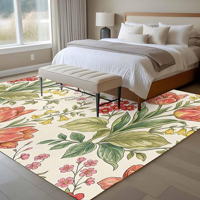 Area Rug 6x9ft, Vintage Tulips Red Daisies Washable Rugs for Living Room Bedroom, Yellow Blooms Floral Pattern Soft Non-Slip Area Rugs Rectangle Floor Carpet for Dining Room