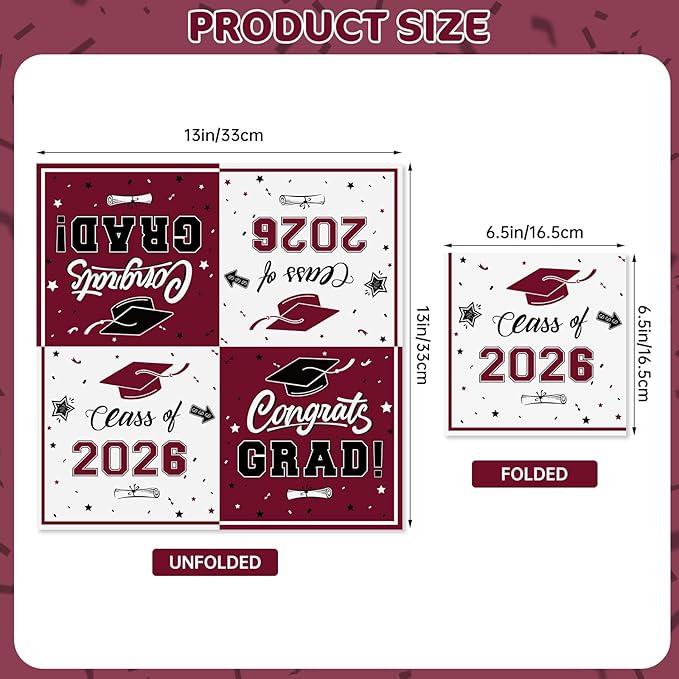 50 Pcs Graduation Napkins Decorations - Maroon Class of 2026 Congrats GRAD 3-Ply Paper Cocktail Dinner Napkins Set for 2026 Graduation Party Supplies Table Decor Favors, 6.5 x 6.5 Inch