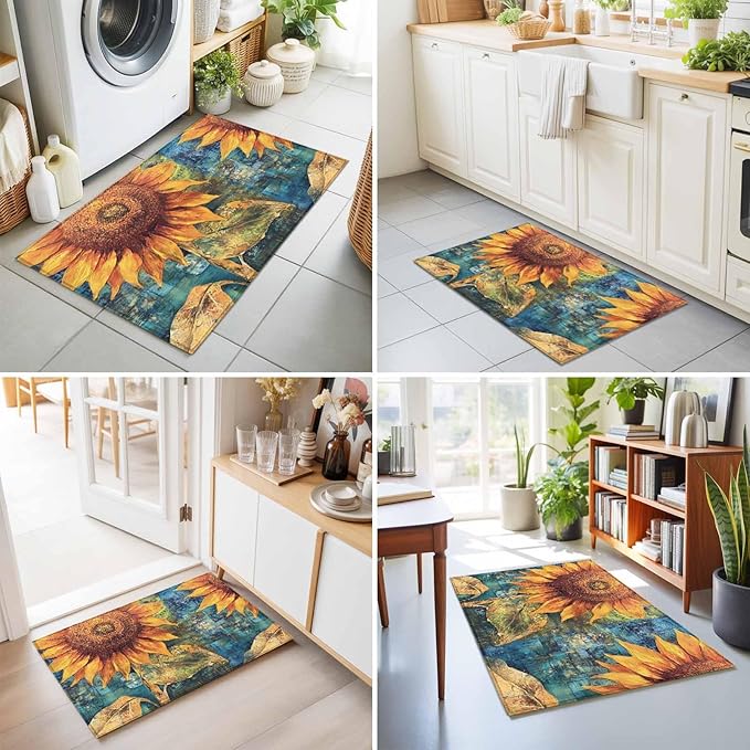 Area Rug 2x3ft, Rustic Golden Sunflower on Teal Blue Washable Rugs for Living Room Bedroom, Abstract Floral Soft Non-Slip Area Rugs Rectangle Floor Carpet for Dining Room