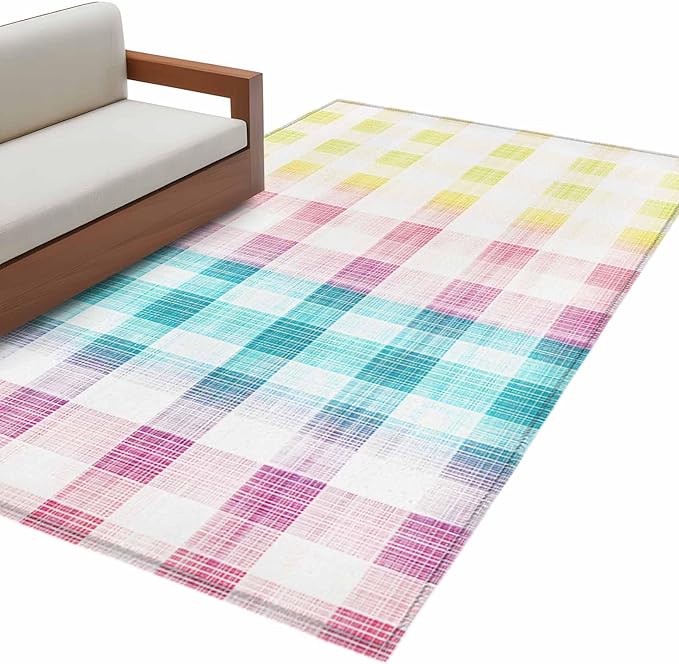 Area Rug 3x5ft, Easter Red Yellow Blue Stripes Washable Rugs for Living Room Bedroom, Abstract Buffalo Plaid Soft Non-Slip Area Rugs Rectangle Floor Carpet for Dining Room