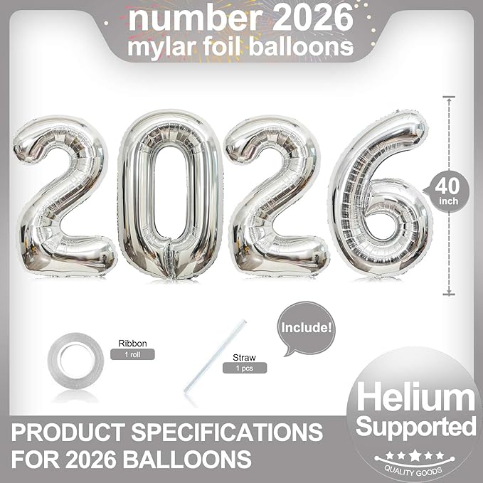Silver 2026 Balloons, Gaint 40 Inch Silver 2026 Number Balloons,40 Inch 2026 Balloons for New Year Eve Party Supplies 2026, New Years Decorations 2026, Christmas, Graduations Decorations