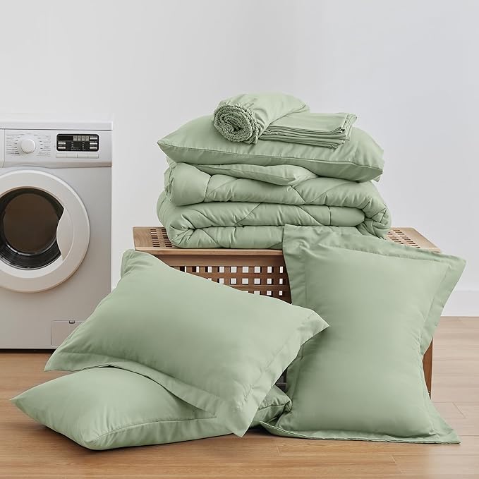 Love's cabin Full Comforter Set Sage, 7 Pieces Full Bed in a Bag, All Season Bedding Sets with 1 Comforter, 1 Flat Sheet, 1 Fitted Sheet, 2 Pillowcase and 2 Pillow Sham | Soft, Breathable, Lightweight, Comfortable