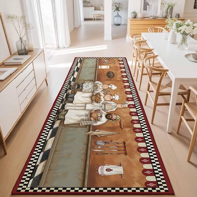Runner Rug for Bedroom Hallway, Farmhouse Cartoon Chef Kitchen Runner Rugs Area Rug 2x6ft, Cooking Theme Black White Checkered Washable Soft Floor Carpet for Entryway Stair