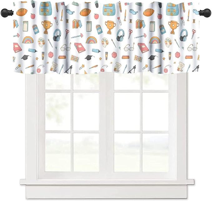 School Supplies Valance, Back to School Education Tools Short Rod Pocket Window Treatment for Kitchen Bedroom Study Room Classroom, 54x18Inch