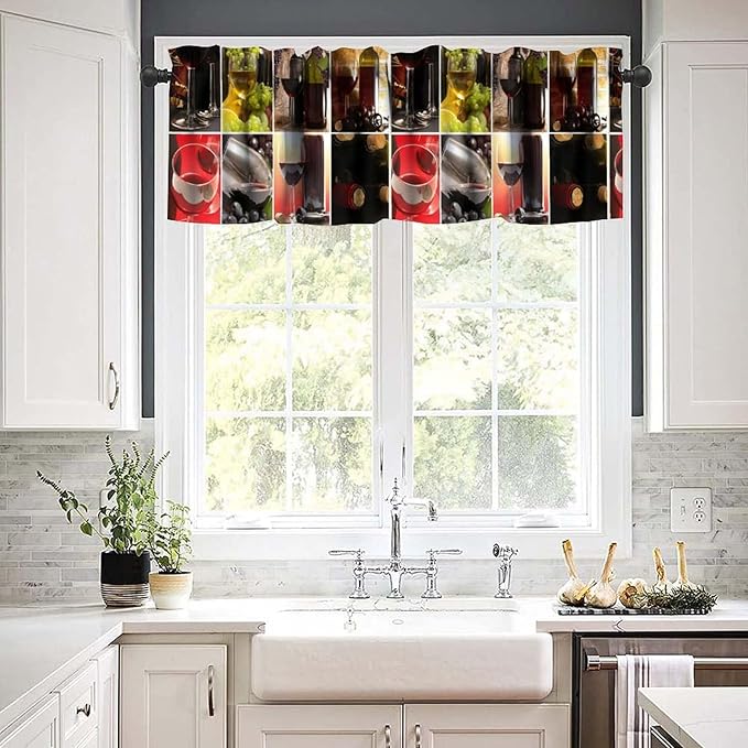 Red Wine Kitchen Valance, Modern Wine Bottle Glass Grape Print Short Window Drapes for Kitchen Dining Resturant Party Bedroom Living Room, 54x18Inch