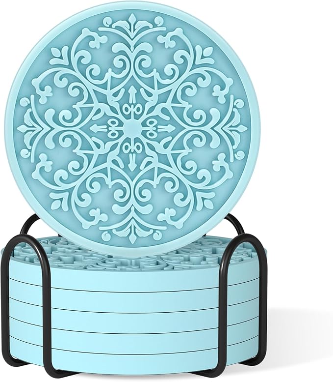 Drink Coasters, Coasters Set of 6 for Cup with Holder, Non-Slip Silicone Cup Mats for Hot and Cold Drinks, Cute Absorbent Coffee Bar Accessories Table Decor, Blue