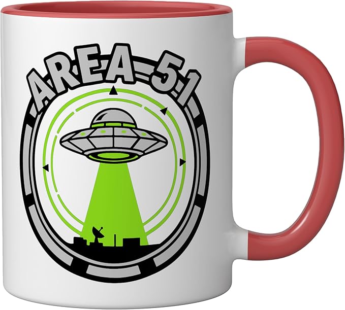 Area 51 UFO Alien Conspiracy Flying Saucer Design Ceramic Mug, Red/White