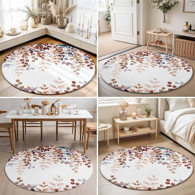 Washable Round Area Rug Fall Orange Watercolor Eucalyptus Leaves Circle Rugs Floor Carpet for Living Room Bedroom, Fallen Leaf on White Soft Non Slip Round Rug 3ft