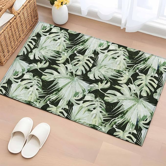 Area Rug 2x3ft, Abstract Dark Green Palm Leaves Washable Rugs for Living Room Bedroom, Watercolor Plants Soft Non-Slip Area Rugs Rectangle Floor Carpet for Dining Room