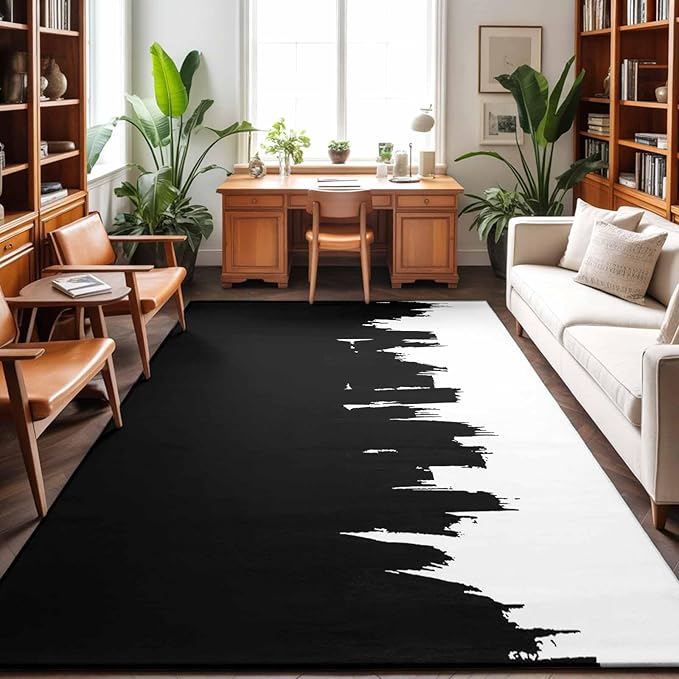 Area Rug 9x12ft, Abstract Black Graffiti Texture Washable Rugs for Living Room Bedroom Rectangle Floor Carpet, Modern Minimalist Art Soft Non-Slip Area Rugs for Dining Room