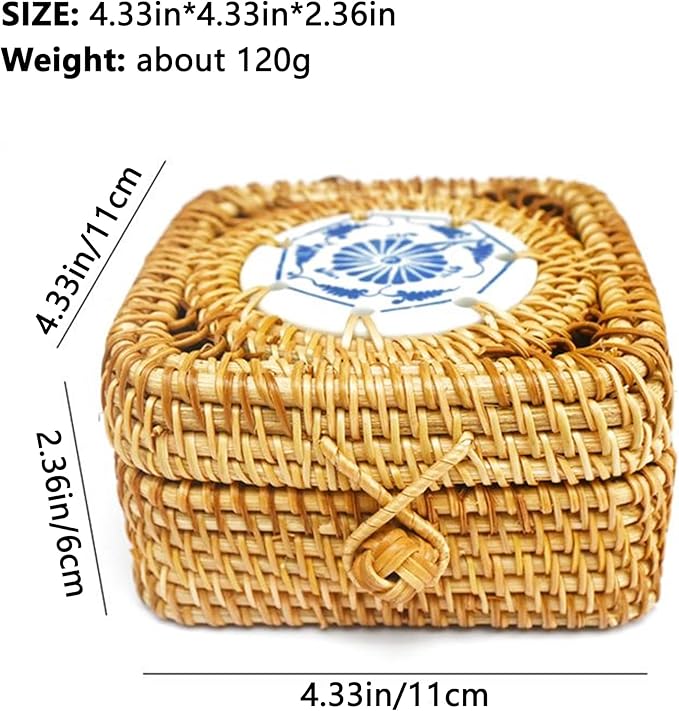 Rattan Box with Lid: Blue-and-White Porcelain Decorative Rattan Storage Box, Hand-Woven Wicker Storage Basket with Lid, for Sundries Tea Case Picnic Food Containers (Square 2, 4.33in*4.33in* 2.36in)