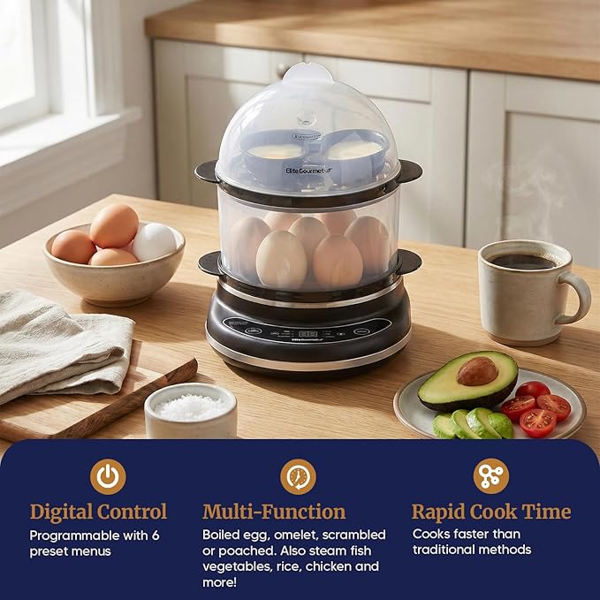Elite Gourmet EGC314CB Digital Easy Egg Cooker Food Steamer, Poacher, Omelet, Soft, Medium, Hard-Boiled Egg with 6 Programmed Preset Functions, 2-Tiers, Measuring Cup, 14 egg capacity, Black