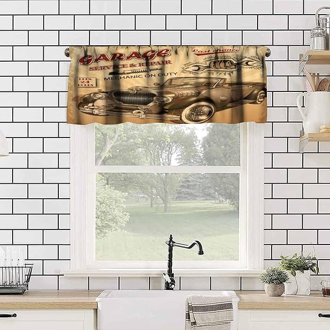 Vintage Car Valance Curtain Nostalgic Car Garage Service Repair Store Phrase Dated Rod Pocket Valance Window Treatments Short Curtains for Kitchen Living Room 54x18inch