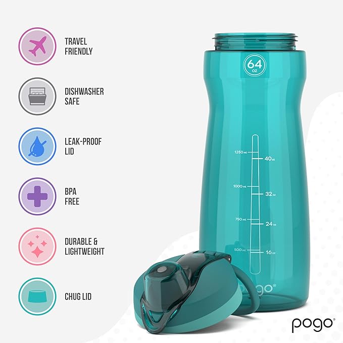 Pogo Plastic Water Bottle with Chug Lid and Carry Handle, Reusable, BPA Free, Dishwasher Safe, Perfect for Travel, School, Outdoors, and Gym | 18oz, 32oz, 40oz, 64oz